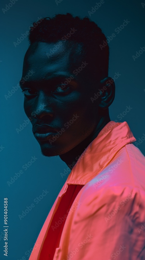 Poster a man in a pink jacket is standing in front of a blue background