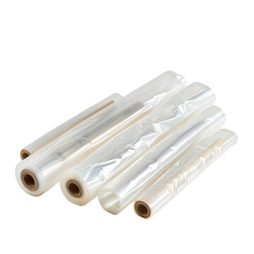 Transparent plastic wrap rolls for food storage or packaging. Ideal for preserving freshness and maintaining hygiene.