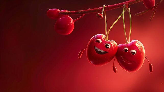 Naklejki A cheerful cherry cartoon character, twins joined by their stems, swinging playfully from a branch. The background is a rich, dark red that mirrors the cherries' glossy appearance.