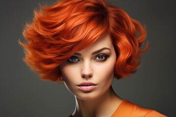 Obraz premium Portrait of a fashionable young woman with striking orange hair and bold makeup