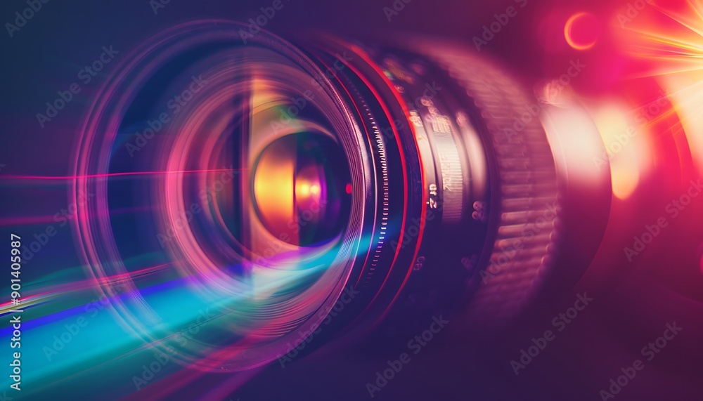 Wall mural camera lens closeup lit by orange and purple neon light