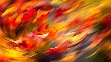 Close-up of abstract, swirling autumn wind carrying colorful leaves
