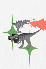 Obraz premium Vertical collage artwork graphics picture of funny dinosaurs enjoying sports isolated painting background