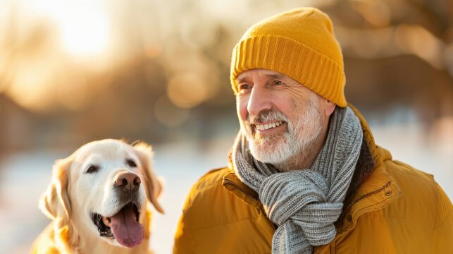 An elderly man wearing a yellow beanie and warm jacket smiles while standing next to his golden retriever in a sunlit winter park, showcasing companionship and outdoor enjoyment. - Powered by Adobe