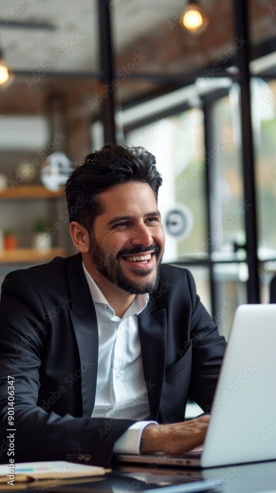 Poster a man in a suit is smiling and laughing while using a laptop
