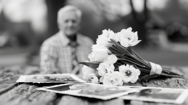 A black-and-white photo featuring a close-up of a bouquet on a wooden table, with blurred background, capturing sentimentality and nostalgia, stylized with a classic touch.