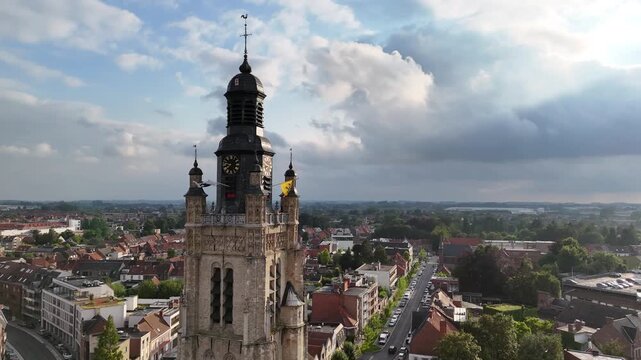 Drone shot of Sint-Michielskerk Roeselare during a sunny evening