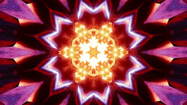 Red hot mandala sun star hypnotically drawing the viewer in with infrared heat ray flashing pulse beats, fast rhythmic vj loop and audio visual techno sensory overload music festival backdrop.