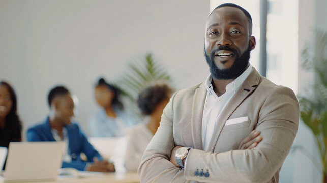 A businessman explaining concepts in front of a few attendees in a bright, modern office environment with soft lighting
