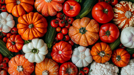 Close-up of an abstract pattern of fall harvest vegetables