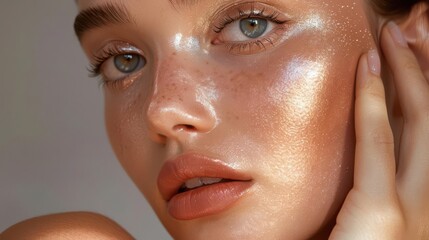 Model applying mineral foundation with mica, close-up on face, flawless finish, photorealistic detail, soft lighting, natural makeup look, highlighting glow