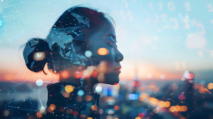 Double exposure of business woman with The World of Futuristic internet communication. Generative Ai.