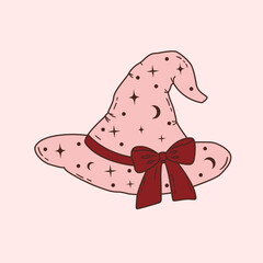 Hand drawn witch hat with dark red bow. Magic cap in pink color with stars and moon decor. Coquette halloween design. Vector illustration