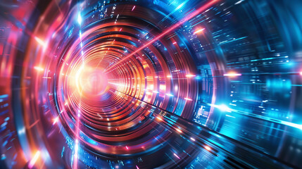 Obraz premium A vibrant tunnel of light showcasing abstract patterns and dynamic colors, embodying technology and energy in motion.