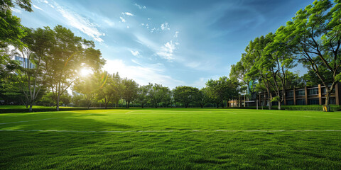 Obraz premium A bright and sunny landscape featuring a green field, tree line, and residential buildings on the horizon. ideal for games or events.