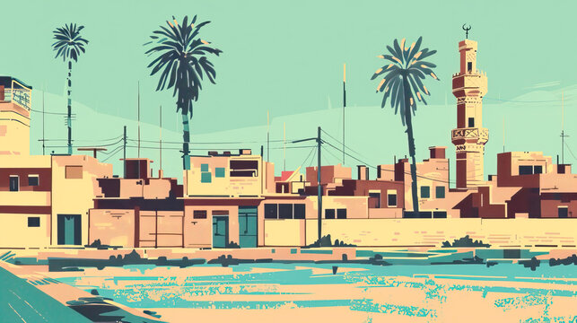 Risograph stencilled riso print travel poster, card, wallpaper or banner illustration, modern, isolated, clear, simple of Kirkuk, Iraq. Artistic, screen printing, stencil