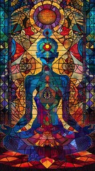 Obraz premium A colorful stained glass window with a person sitting in a lotus position