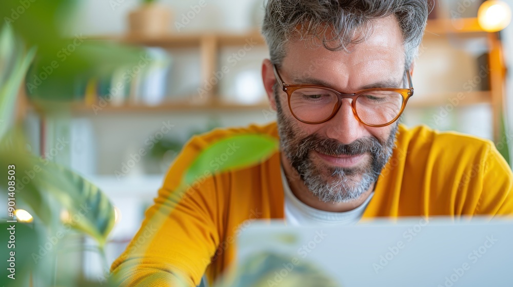 Wall mural a person is shown working on a laptop in a bright office space filled with plants, showcasing a mode