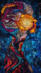 A woman's face is shown in a stained glass window, with a colorful