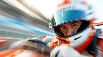 A thrilling image of a racing driver in a helmet captured during a high-speed race, showcasing the intense focus, adrenaline, and precision required in motor sports.