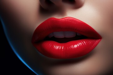 Obraz premium Sensual female with glossy red lipstick showcasing close-up of plump. Perfectly shaped lips against a dark background. Exuding seductive elegance and allure