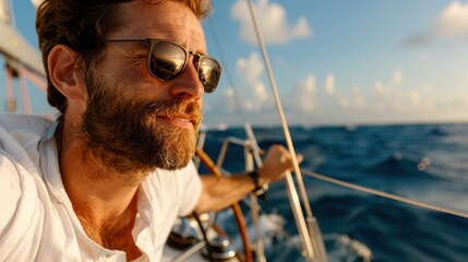 Obraz premium A man onboard a sailboat navigates the blue ocean waters under a clear, sunny sky, embodying adventure and freedom as the wind propels his vessel forward joyously.