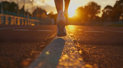Close up of a runner's shoes running on the road in sunset light,