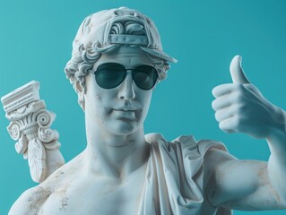 Happy smiling ancient Greek Zues white statue wear sunglasses, thumb up