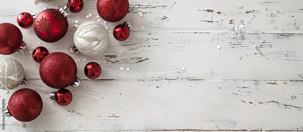 Poster a festive display of red christmas ornaments atop a white wooden table offering a perfect spot for a