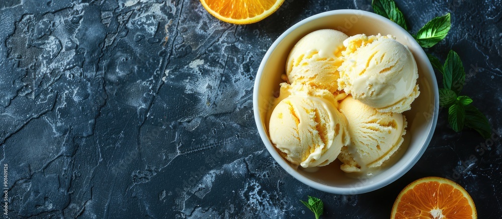 Poster Orange citrus ice cream in a bowl on a stone backdrop with room for text or other elements in the image A chilled treat for the summer viewed from above in a flat lay composition