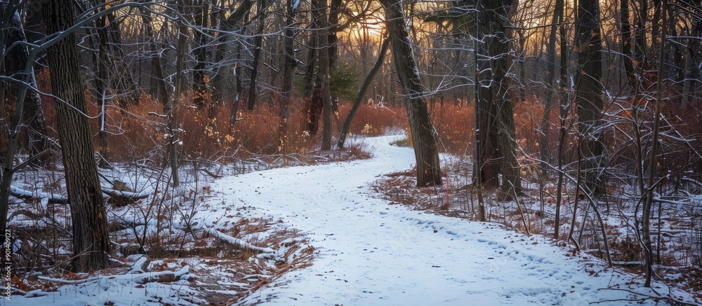 Aufkleber a scenic wintry path meanders through a snowy forest setting with a captivating copy space image