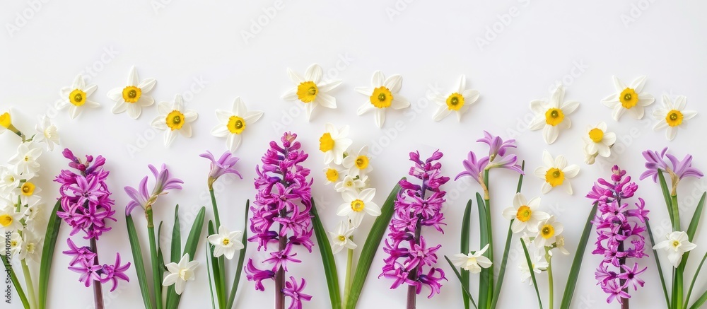Aufkleber white background with narcissus and pink violet hyacinths ideal copy space image