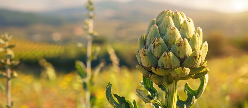 Scenic view of a ripe artichoke Cynara cardunculus amidst a Mediterranean field embodying freshness and health in an alkaline diet concept Background offers copy space image