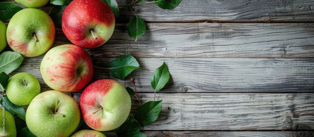 Poster Copy space image with green and red apples on a grainy grey wooden background for text and templates