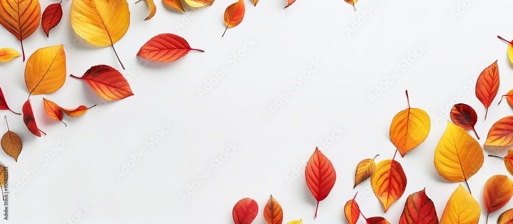 Poster flat lay composition of yellow and red autumn leaves on a white background with copy space image per