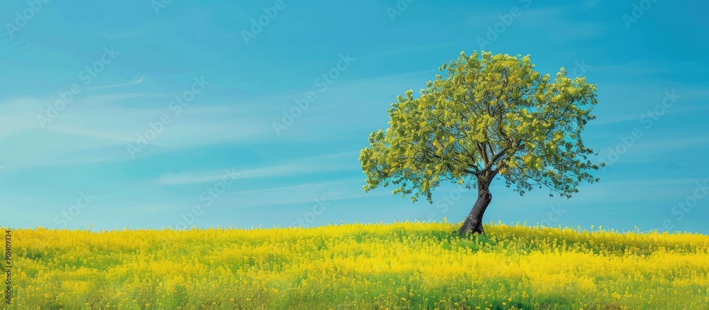 Sticker Colorful spring landscape featuring blooming rapeseed fields and a tree set against a vivid blue sky providing a picturesque natural backdrop with ample copy space for an image