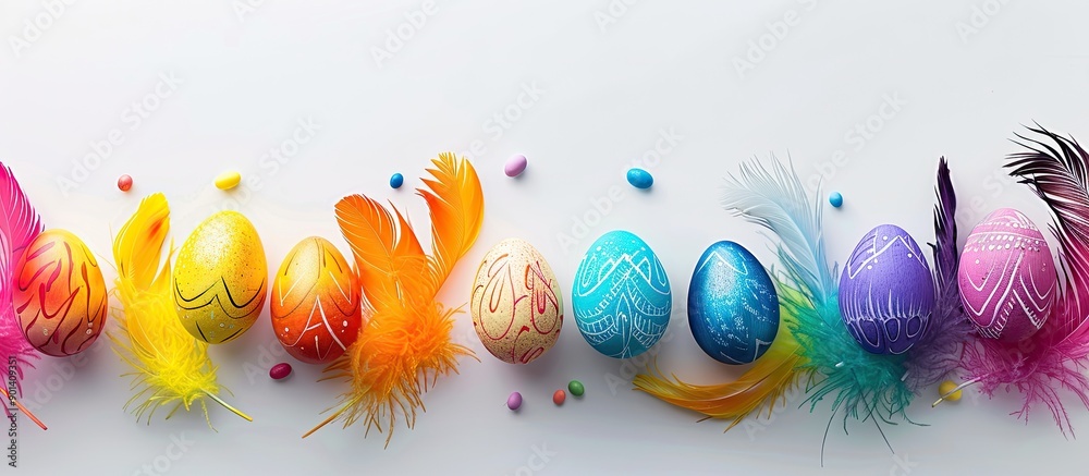 Poster easter holiday themed flat lay with colored handmade eggs painted with feathers on a white backgroun