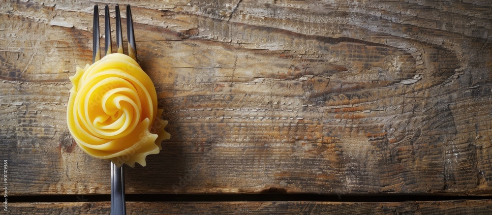 Poster Pasta swirls with a fork on a rustic wooden backdrop create a captivating copy space image