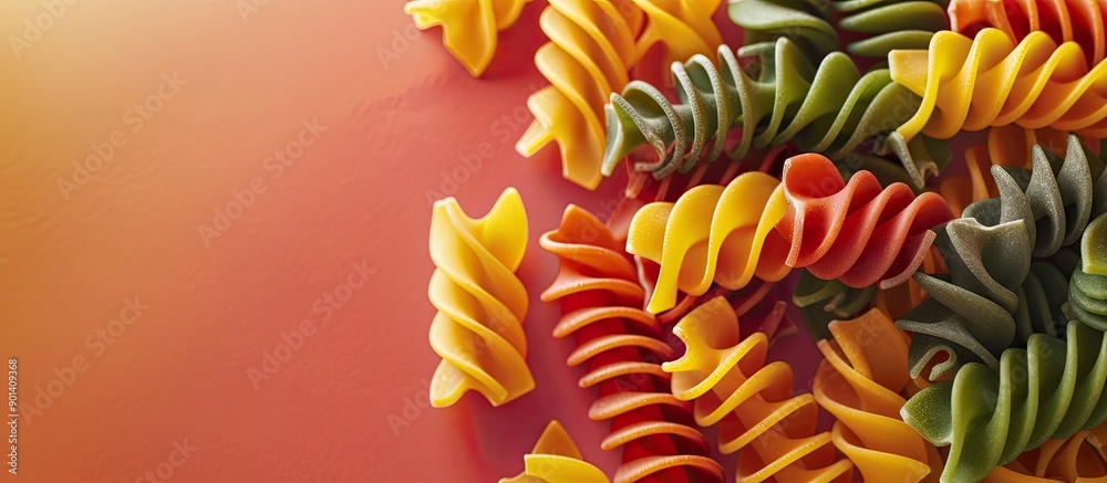 Poster colorful organic spiral pasta displayed on a multicolored food background with copy space image
