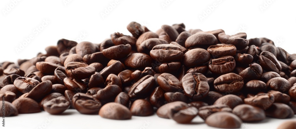 Poster Close up of a heap of coffee beans on a white background with copy space image perfect for text placement Begin your day with a fresh brew