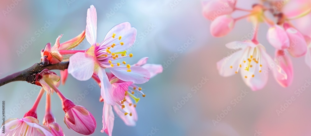 Poster Macro shot of the blossoming Cerasus lannesiana Kawazu zakura with a blank space for text or graphics in the image. copy space available