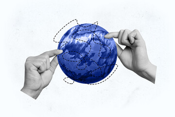 Composite photo collage of hands choose direction summer travel route eco globe continent immigration isolated on painted background