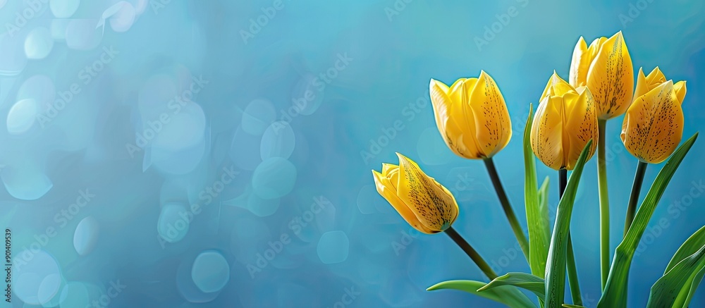 Poster blue background with fresh yellow tulips on a greeting card or banner providing a designated area fo