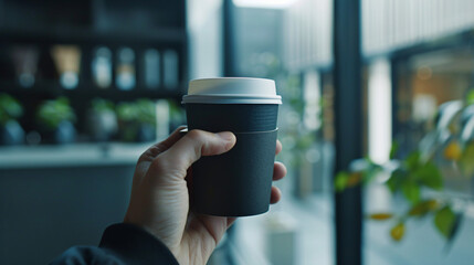 Detailed shot of a person taking a coffee break with a minimal cup in a clean, sophisticated office setting 