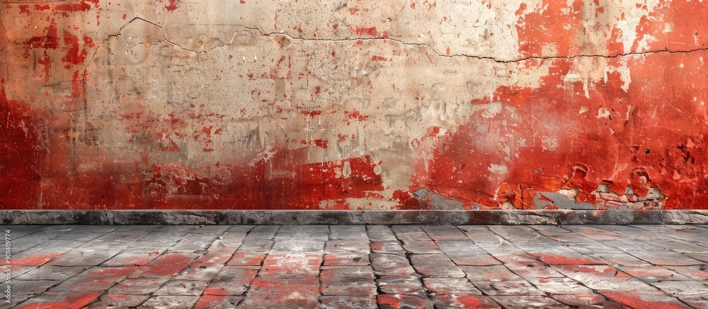 Aufkleber Grunge decorative pattern on the street with a weathered stained old stucco wall background in a room featuring a clean color and aged paint on red brick concrete set in a Valentine s Day concept cop