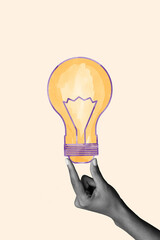 Vertical poster collage hand body fragment hold lamp idea lightbulb eureka genius decision smart conclusion enlightenment