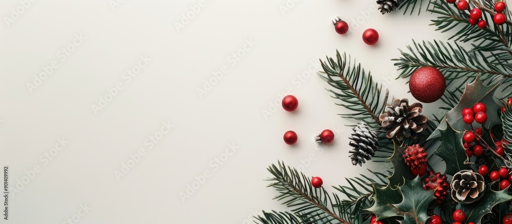 Leinwandbilder top view of a christmas themed arrangement featuring fir tree branches red decorations and a clear a