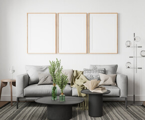 Mockup poster wood frame in empty picture living room, front view element interior vertical, on the wall. in illustration 3d render.