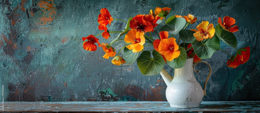 Aufkleber A lovely arrangement of nasturtium flowers in a pitcher with space for text in a postcard worthy image. copy space available