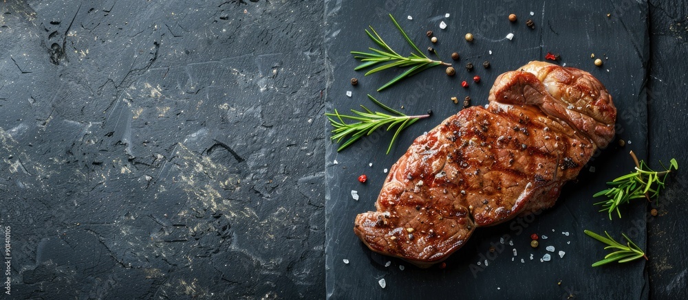 Poster A top down view of a medium rare grilled beef steak placed on a black stone table with ample copy space image available